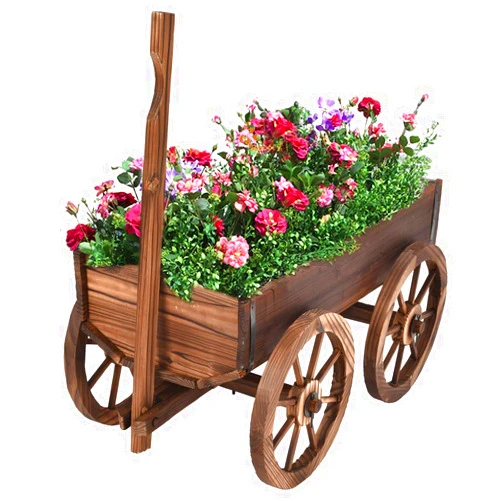 Giantex Wood Wagon Flower Planter Pot Stand W/Wheels Home Garden Outdoor Decor