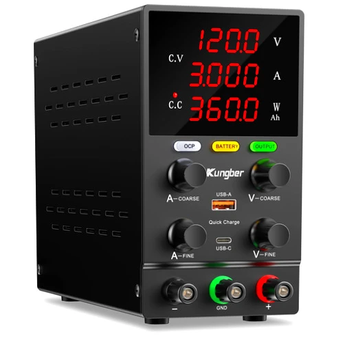 Kungber DC Power Supply Variable, 120V 3A Adjustable Switching Regulated DC Bench Power Supply with Intelligent Charging Mode, 18W USB Interface, Precision Encoder Knob (Black)