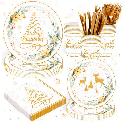 XUELIREN 120PCS Christmas Party Supplies White Golden Merry Xmas Themd Party Decorations for Winter Holiday Festival Family Gathering Tableware Set Plates Napkin Cups Set for 20 Guests