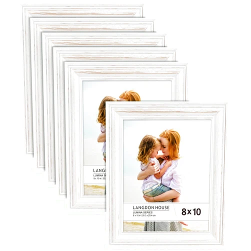 Langdon House 8x10 Real Wood Picture Frames (6 Pack, Weathered White - Gold Accents), White Wooden Photo Frame 8 x 10, Wall Mount or Table Top, Lumina Collection