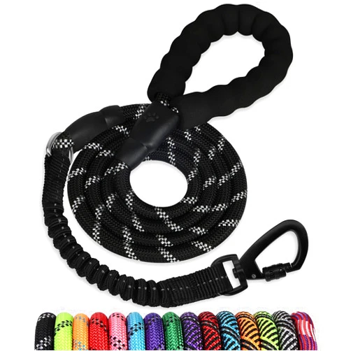 Jenico Rope Dog Leash 6 FT: Heavy Duty Leashes with Swivel Lockable Hook Reflective Threads Bungee and Padded Handle - Dog Lead for Large Small Medium Dogs Outside Walking Hiking Black