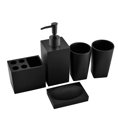 JINCROP 5-Piece Bathroom Accessory Set Matte Black, Modern Design Decorative Bathroom Accessory Set, Including a Soap Dispenser, Two Tumbler Bathroom Cups, a Soap Dish and a Toothbrush Holder