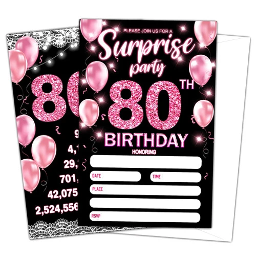 Ymyfdyj 80h Birthday Party Invitations, 80 Year Old Rose Gold Surprise Birthday Invitations Cards for Women, Adult Fill in The Blank Birthday Party Invites, 20 Invitation Cards With 20 Envelopes -e15