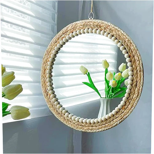 ODCSV 15 Inch Boho Round Hanging Wall Mirror Decorative Rattan Circle Wall Mounted Mirror for Farmhouse, Living Room, Bedroom, Bathroom