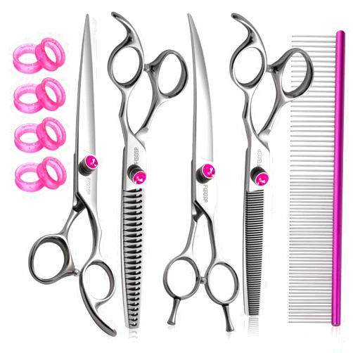 FOGOSP Dog Grooming Scissors Kit 7.5 in Professional Curved Thinning Straight Chunker Shears and Comb 5pcs Set for Grooming Big Dogs Poodle Pet Japan 440C Stainless Steel(7.5'',Kit)
