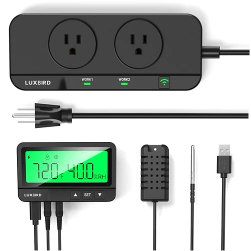 LUXBIRD WiFi Temperature & Humidity Controller LTC-318-W, Smart Thermostat Humidistat Outlet with Split Monitor, Dual-Zone Temperature Humidity, App Control for Grow Tent Greenhouse Reptile Terrarium
