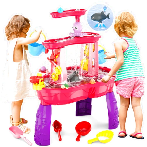 HYES Water Table for Toddlers 3-5 with Water Pumb, 3-Tier Kids Sand Water Table, Rain Showers Splash Pond for Outdoor Beach Backyard Summer, Activity Sensory Play Table for Girls, Pink