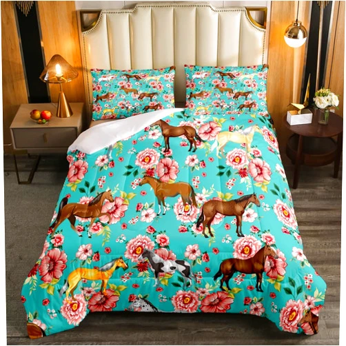 Erosebridal Kids Horse Bedding Set Chic Retro Floral Bedding Comforter Set for Girls Teens Galloping Horse Printed Comforter 3D Wild Farm Animal Duvet Set Bedroom Decor Quilt Set 2Pcs Twin Size, Green Pink