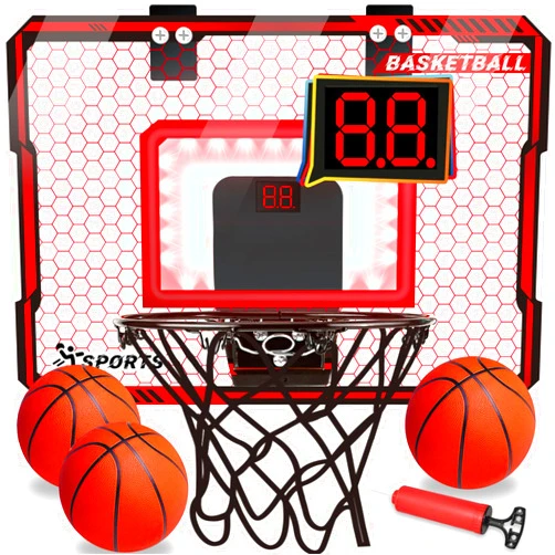 NEUBSAW Basketball Hoop Indoor with LED Lights, Basketball Toys Gifts for 5 6 7 8 9 10+ Year Old Boys Kids, Indoor Over The Door Mini Basketball Hoops with Electronic Scoreboard & 3 Balls