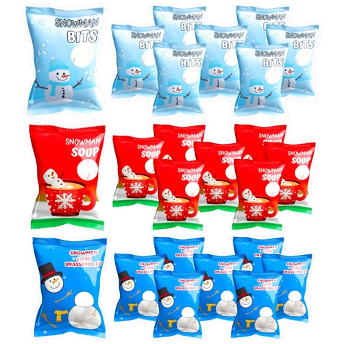 4E's Novelty 24 Packets 3 Assorted Christmas Mini Marshmallows - Individually Wrapped Snowman Marshmallows Packs for Hot Chocolate & Hot Cocoa Toppers, Vanilla Flavored