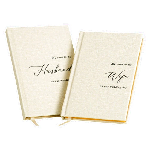 MUUJEE Hard Cover Vow Books (Set of 2) - Cream Canvas Linen Foil Embossed Wedding Ceremony Vow Renewal Speech Books, Couple Gifts for Engagement (To My Husband/Wife)