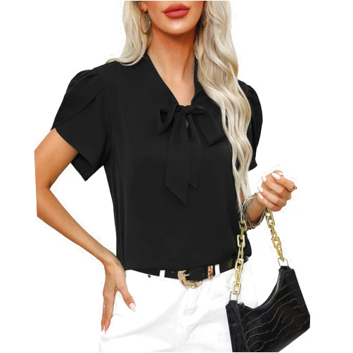 CZYINXIAN Women's Casual Petal Short Sleeve Chiffon Shirts Elegant Bow Tie Knot Business Top Blouse