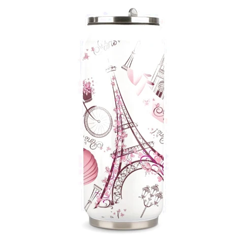 Sensaku Tumbler with Lid And Straw, Insulated Tumblers, Stainless Steel Tumblers Cup Double Wall Travel Mug for Coffee Hot And Cold Drinks, Romantic Travel in Paris Print (500ml)