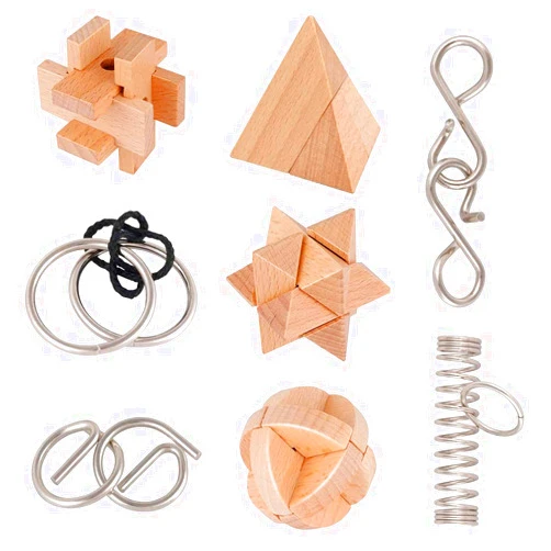 Ahyuan Metal Wire Puzzle 4 Sets and Wooden Brain Teaser Puzzle 4 Sets for Kids and Adults Assembly & Disentanglement 3D Wooden Puzzles Toys with Gift Box (Style B)