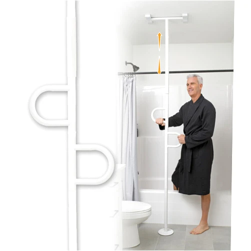 Stander Double Handle Non-Rotating Floor to Ceiling Grab Bar, No-Drill Tension Mounted Transfer Pole for Seniors, Bath Safety & Bedside Assist Rail for Home Standing Support & Fall Prevention, White