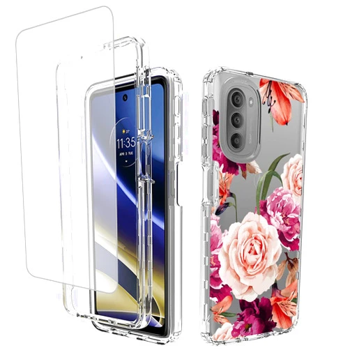 Ueokeird Case for Moto G51 Case, Motorola G51 5G XT2171-1 Case with Tempered-Glass Screen Protector, Clear Floral Pattern Full Body Protective Phone Cover Case for Motorola Moto G51 5G (purple flower)
