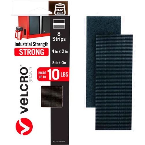 VELCRO Brand Heavy Duty Fasteners | 4x2 Inch Strips with Adhesive 8 Sets | Holds 10 lbs | Black Industrial Strength Stick On Tape | Indoor or Outdoor Use (VEL-30703-USA), 8 Count (Pack of 1)