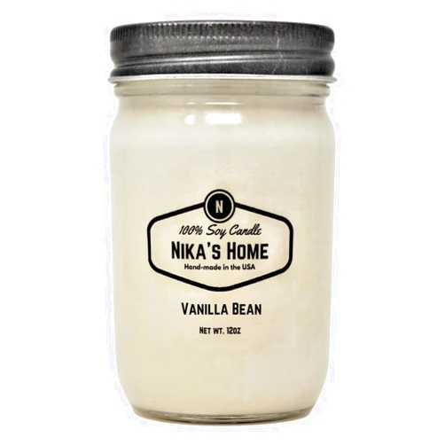Nika's Home Vanilla Bean Soy Candle - 12oz Mason Jar - Non-Toxic - Hand Poured in The USA, Long Burning 50-60 Hours Highly Scented All Natural, Clean Burning