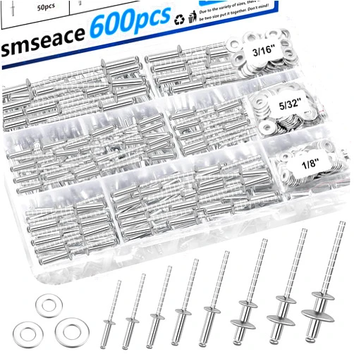 smseace 600Pcs Stainless Steel Pop Rivets with Washer Assortment Kit 8-Sizes Stainless Rivets(1/8Inch 5/32Inch 3/16Inch) for Metal,Furniture,Automotive,Instruments Stainless Steel Rivets Set