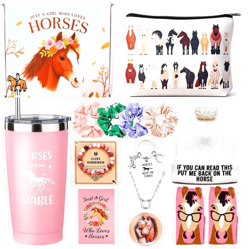 Soyminer 15 Pcs Horse Gift For Women, Girls Mothers Day Basket Stuffers For Horse Lovers, Niece, Equestrian Gift, Mothers Day Basket For Girls, With Tumbler, Bracelet, Socks, Necklace, Hat, Cosmetic Bag