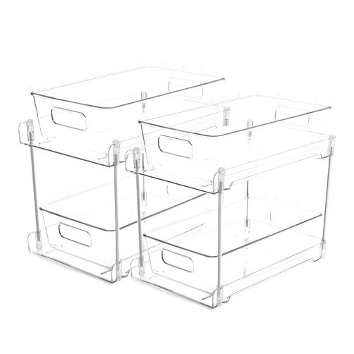 Vtopmart 2 Tier Bathroom Storage Organizer, 2 Pack Clear Under Sink Organizers Vanity Counter Container, Cabinet Drawers Bins, Pull-Out Organization with Track for Pantry, Kitchen