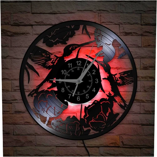 TIMEGLOW 12 Inch Hummingbird Spring Wall Clock 7 Color Changing, Hummingbird Flower Vinyl Record Wall Clock LED Night Light Nature Lovers Floral Wall Watch Clock Silent Movement for Bedroom Kitchen