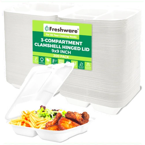 Freshware Clamshell Containers, 9 x 9 Inch, 3-Compartment, 200-Pack, White