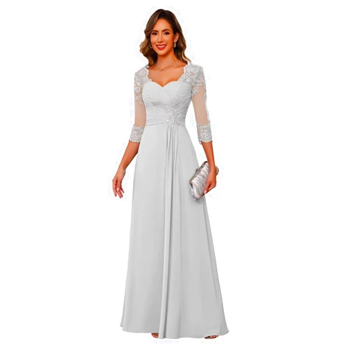Miao Duo Women's Lace Appliqued Mother of The Bride Dresses 3/4 Sleeves Scoop Long Formal Evening Dress MDPM107