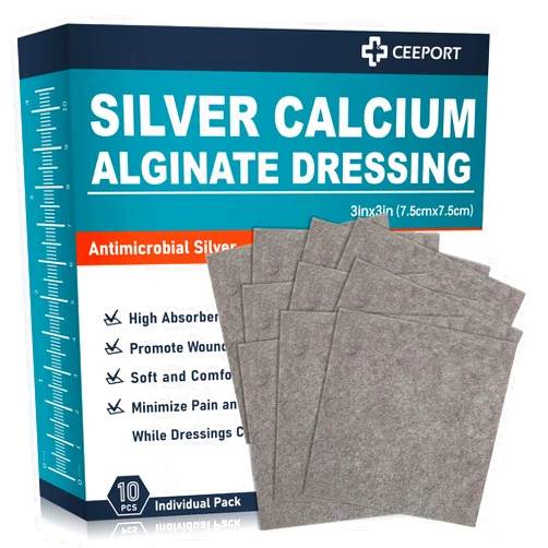 Ceeport Ag Silver Calcium Alginate Wound Dressing Pads 3'' x 3'' (Pack of 10), Soft Highly Absorbent Silver Wound Dressing, Non-Adhesive Dressing for Wound Care, Painless Removal Gauze Pads for Wounds
