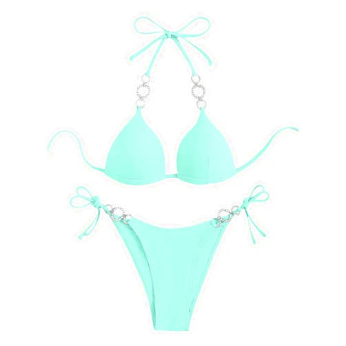 WDIRARA Women's Rhinestone Push Up Halter Bikini Set Swimsuit Two Piece Tie Side Bathing Suit