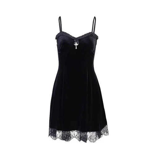 TSMNZMU Womens Gothic Velvet Dress Sleeveless Lolita Fairy Dresses Vintage Witchy Camisole Dress Grunge Harajuku Lace Dress