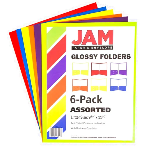 JAM PAPER Laminated Two Pocket Glossy School Folders - Letter Size - High Gloss Assorted Primary Colors - 6/Pack