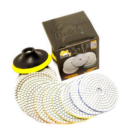 STADEA QuickT PPW701E Stone Concrete Marble Quartz Granite 4 Inch Diamond Wet Sanding Polishing Polisher Pads Kit Tools for Wet Grinder Polisher, Includes Countertop Polish DIY Guide & Video