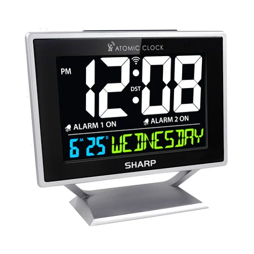 Sharp Desktop Dual Alarm Clock with Color Display - Atomic Accuracy - Calendar & Day of Week Time/Date Display