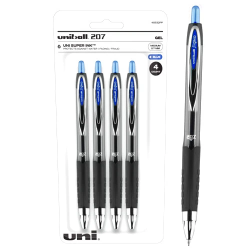Uni-Ball Blue Retractable Gel Pens 4 Pack with Medium Points, Uni-Ball 207 Signo Click Pens are Fraud Proof and the Best Office Pens, Nursing Pens, Business Pens, School Pens, and Bible Pens