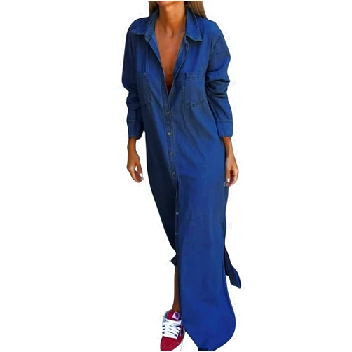 chouyatou Women's Long Sleeve Button Down Denim Maxi Shirt Dress Casual Lapel Side Slit Long Jean Shift Dress