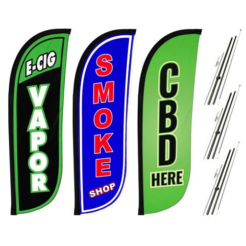 LookOurWay Smoke Shop Themed Feather Flag Pole Kit 3-Pack - 5 Feet Tall Vape Shop Advertising Flags with 3 Banners, 3 Pole Sets, and 3 Ground Spikes (E-Cig Vapor, Smoke Shop, CBD Here)