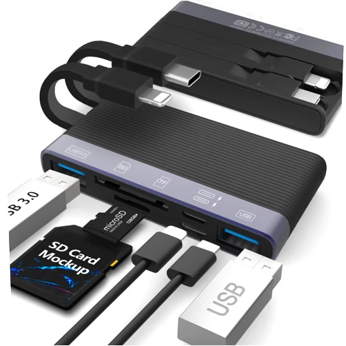 JOOPSHEE SD Card Reader for i Phone i Pad Camera, Aluminum 6in1 Multi-Ports Memory Card Reader with SD/TF Card,Foldable Data Cable No Application Required Plug and Play