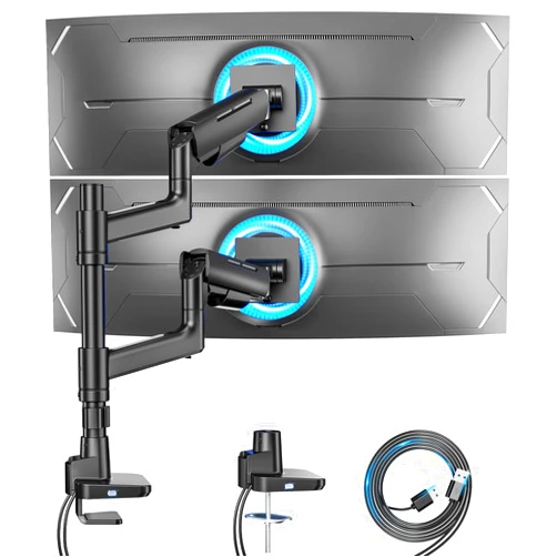 ARES WING Vertical Dual Monitor Mount for 17-49 Inch Ultrawide Heavy Duty Curved Screen Stacking, Computer Monitor Arm Desk Mount with USB, Gas Spring Adjustable Vesa Stand, Black