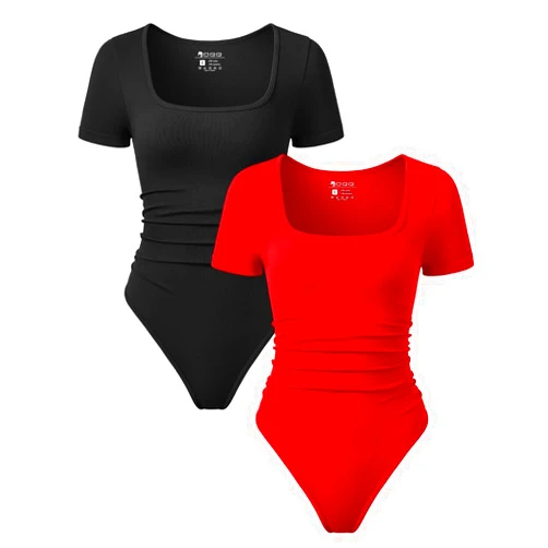 OQQ Women 2 Piece Bodysuits Sexy Ribbed Rueched Stretch Short Sleeve Square Neck Basic Shirts Bodysuits