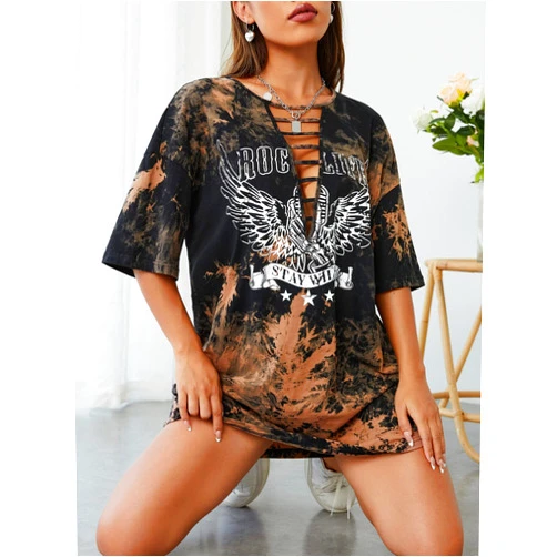IGSY Dresses for Women Women's Dress Wings & Letter Graphic Tie Dye Cut Out Drop Shoulder Tee Dress Dresses (Color : Multicolor, Size : Large)
