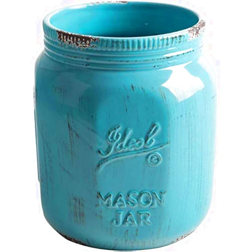 Palais Essentials Ceramic Utensil Crock Utensil Holder (Mason Jar Antique Aqua Blue 7