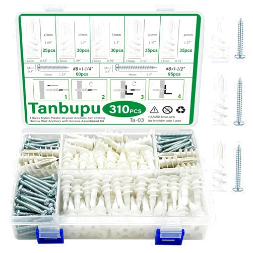 Tanbupu 310PCS Self Drilling DryWall Anchors and Screws for Drywall,3 Sizes Nylon Plastic Wall Anchors,13x40mm,15x33mm,14x43mm,No Pre Drill Hole Preparation Required