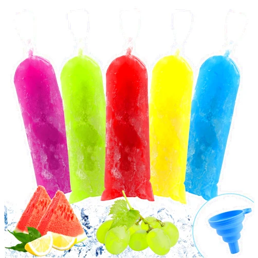 BokingOne Ice Lolly Bags Disposable, Ice Cream Mold Bags with Silicone Funnel. 3 x 10 inches Plastic Ice Candy Bags for Making Bolis/Ice Creams Yogurt Candy (Clear - 120 Pcs)