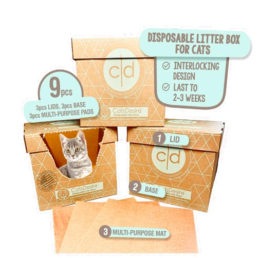 Cats Desire Leakproof Disposable Cat Litter Box 3 Pack (9 pcs) Top/Low Entry INCLUDES- 3 lids, 3 bases and 3 multipurpose pads - Open or Closed, 17