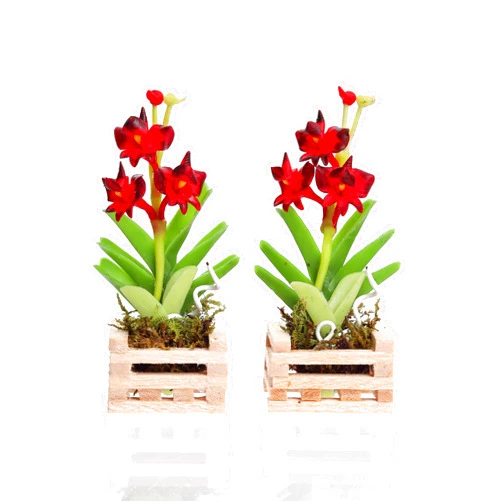 Ablossom Mini Red Orchid in Potting Basket Wood 1:12 Succulent Artificial Flower Clay Plant for Decoration Dollhouse Set of 2 Pieces.