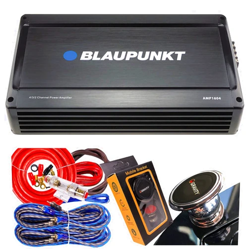 BLAUPUNKT AMP1604 1600 Watts – 4 Channel 2 Ohm Stable Full Range Amplifier Boost Bass, 4/3/2 Channels, Slim Compact Amp with 4 Gauge Amplifier Red Kit and Gravity Magnet Phone Holder Bundle