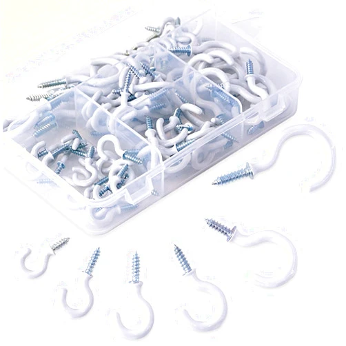 Swpeet 100Pcs White Cup Hooks Assortment Kit, Vinyl Coated Ceiling & Wall Hooks Holder for Home, Office & Workplace - 1/2