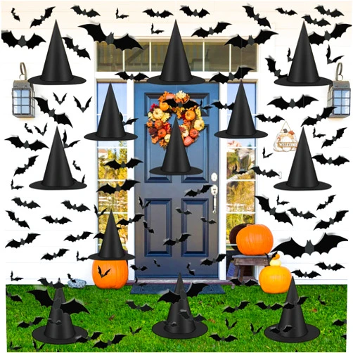 Famoby 12pcs Halloween Black Witch Hat with 157 FT Nylon Cord &120pcs Bat Sticker for Indoor Outdoor Home Yard Porch Ceiling Halloween Party Decorations