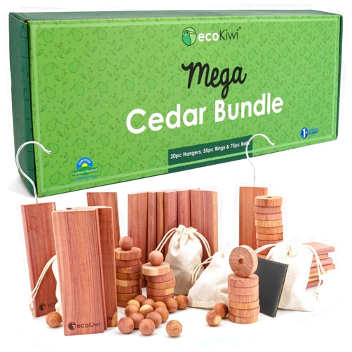 ecoKiwi Cedar Blocks for Clothes Storage Mega Bundle Box - Cedar Hangers x20, Balls x75 & Rings x55-100% Natural Oil Planks & Chips for Closets & Drawers - Aromatic Red Cedar Wood with Sandpaper